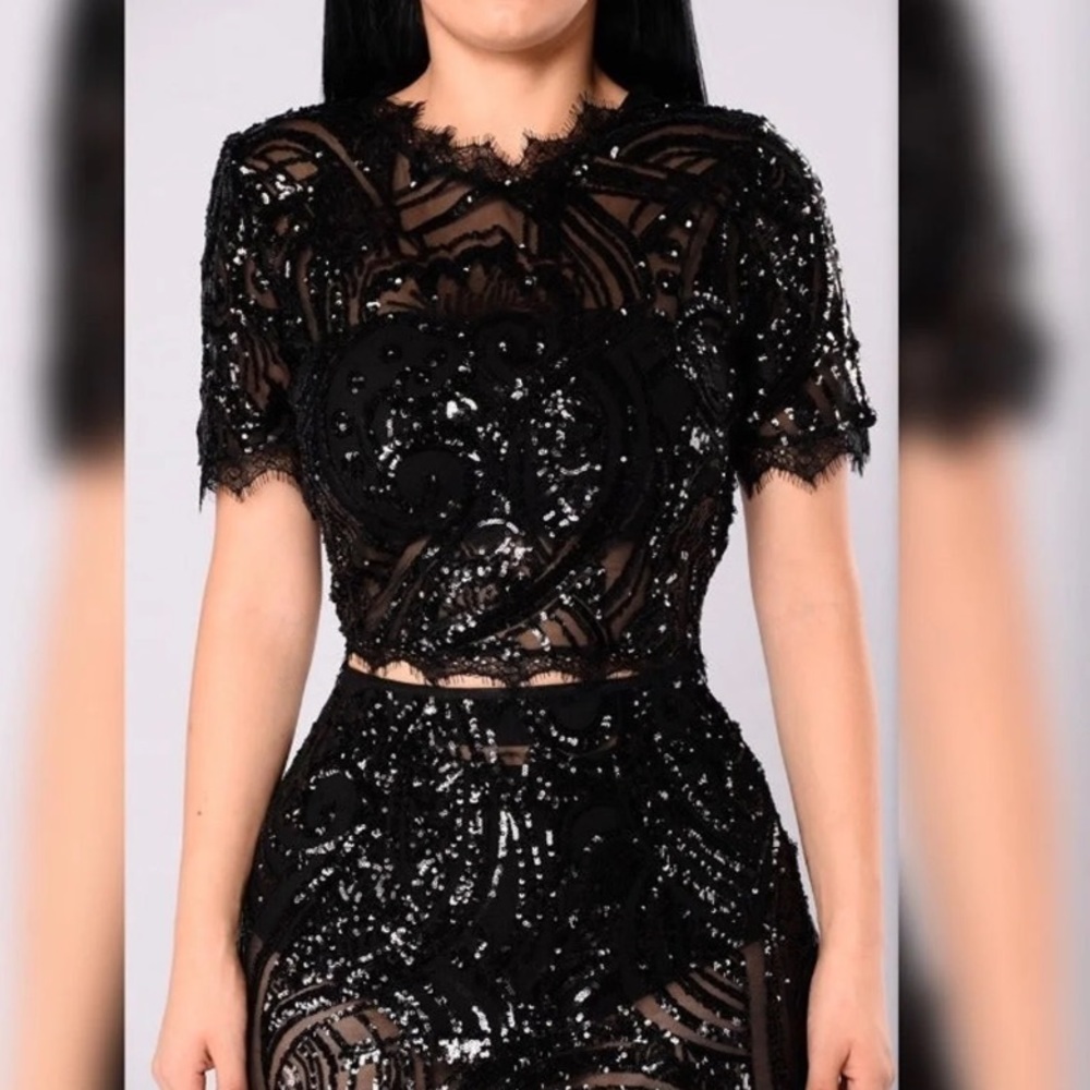 Black long sequined skirt and crop top
